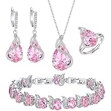 Ever Faith Women's Jewelry Set Pink Jewellery Sparkly Cubic Zirconia Teardrop Necklace Earring Bracelet Ring Sets for Women Birthday Gifts 4 PCS Silver-Tone