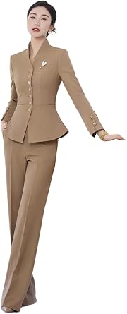 Womens Two Pieces Work Suit Single Breasted Button Jacket & Pants Collarless Tuxedo