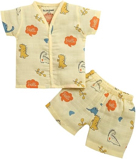 BUMZEE Boys Cotton Muslin Half Sleeves Animal Print Front Open Jabla & Short Set