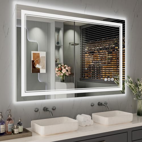48x32 Inch LED Bathroom Mirror, Front Light and Backlit Anti-Fog Dimmable Memory Lighted Vanity Mirror, Shatterproof Wall-Mounted Led Mirror for Bathroom