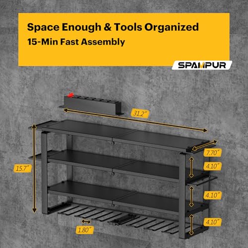 Large Power Tool Organizer Wall Mount, 4-Tier Rack with Charging Station & 8 Drill Holders, Garage Workshop Tool Storage, Gift for Husband/Dad