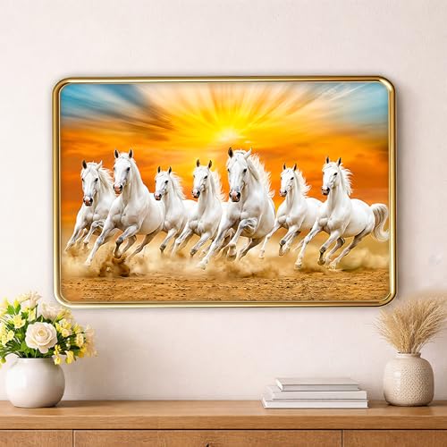Image of XOPY Seven Running Horses with Golden Frame | Vastu 7 horses Raw Pyrite Painting for Home, Office & Living Room Wall Decore | 12X18 Inch Sparkle Laminated Frame | Best For Gifting (53316, 12X18)