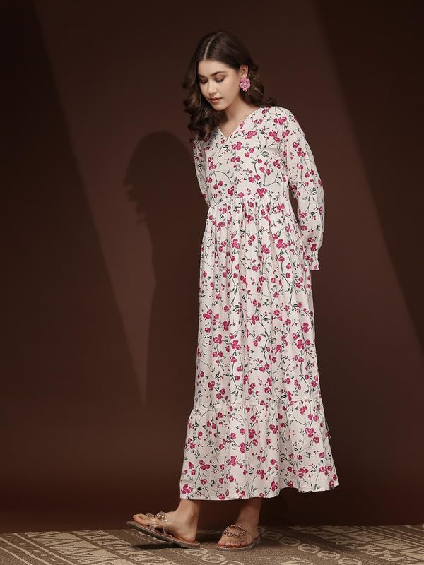 Image of Daevish New Gold Printed 3 /4 Sleeves Flared Maxi Length Dress for Women & Girl's | Maxi Dress for Women | Women Flared Dress