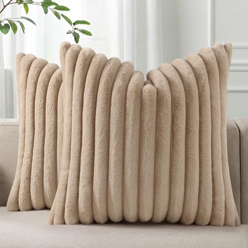 Pallene Faux Fur Plush Throw Pillow Covers 26x26 Set of 2, Luxury Soft Fluffy Striped Decorative Pillow Covers for Sofa, Couch, Living Room, Khaki