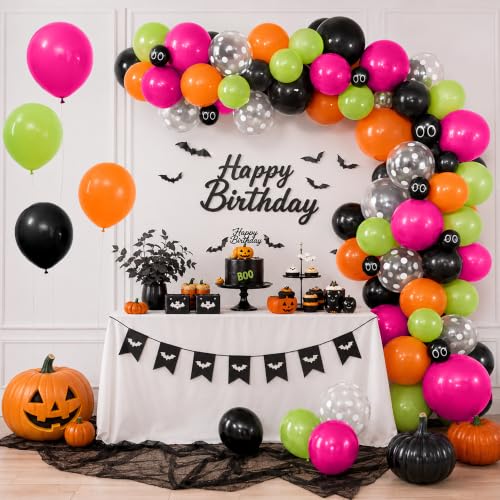 Image of Neon Halloween Balloons Bright Pink Green Orange Cute Halloween Party Decor | Hot Pink Lime Green Black 3D Bat Sticker Eyeball Bat Print Balloon for Kids Spooky Night Trick or Treat Backdrop Decorations