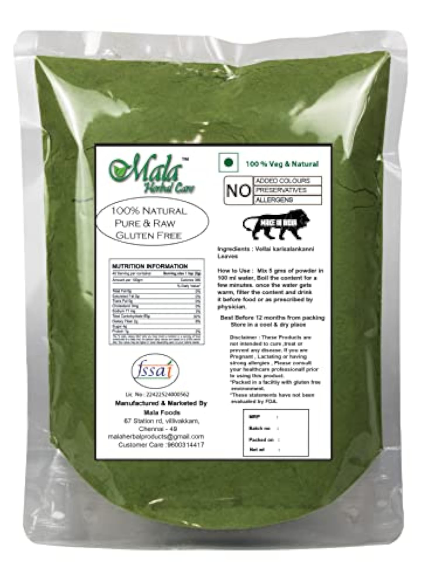 MALA Karisalankanni Powder 250g, Herbal Hair Care