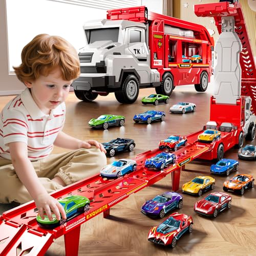 XINNOVEL Toddler Car Truck Toys for 3 4 5 6 7 8 Years Old Boys, Transporter Truck Toy Track Set with 12 Die-Cast Car Toys, Toy Gifts for 3 4 5 6 Year Old Boys Kids by XINNOVEL - Image 6
