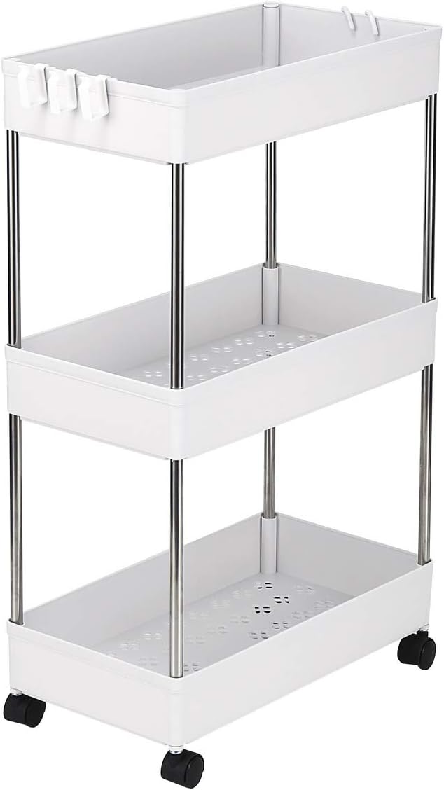 UBALDI3-Layer Mobile Multi-Functional Storage Cart,Suitable for Kitchen, Bathroom, Laundry Room Narrow Place, Plastic and Stainless Steel, White