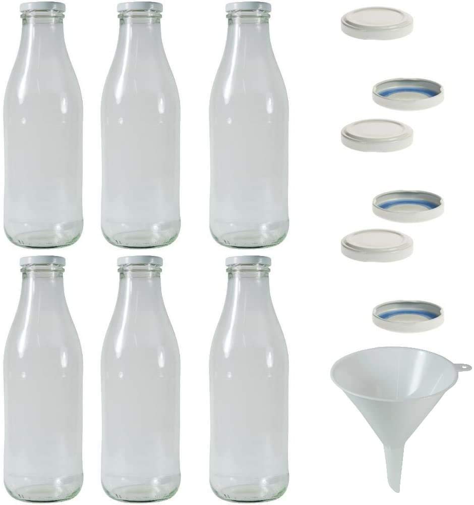 mikken 6 bottiglie di vetro da 1 litro con 12 tappi a vite senza PVC, imbuto, trasparente