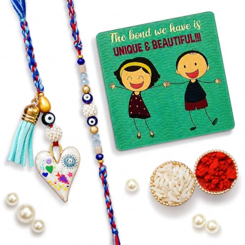 Image of Rakhi for brother and bhabhi Set of 1 Lumba Rakhi, 1 Fridge Magnet With Roli Chawal Set and Greeting Card
