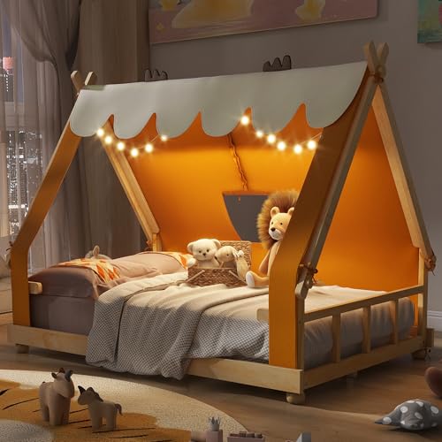 Mirightone Full Size Floor Bed with Tent and Light, Wooden