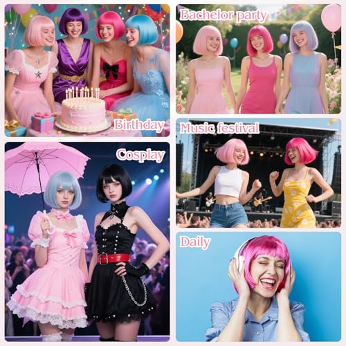 Image of MEEZY White Short Bob Wigs Straight Hair with Flat Bangs Heart Sunglasses for Women, Colorful Funny Cosplay Party Neon Wig Synthetic Natural As Real Carnival Halloween Costume Party Favors