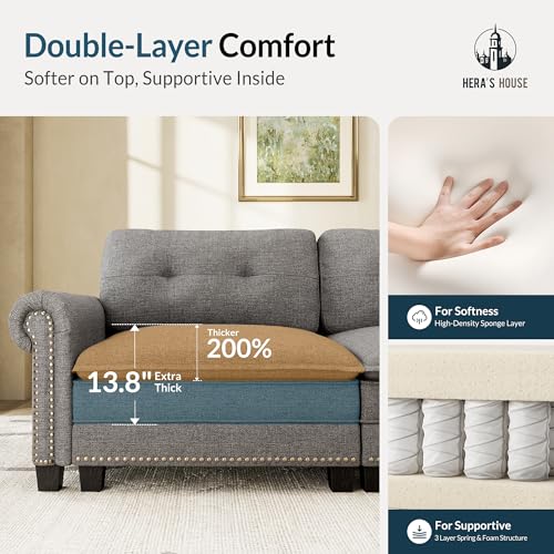 Image of HERA'S HOUSE Modular Sectional Sofa and Chair Set for Living Room 3-Piece | Mid-Century Modern 5-Seater Cloud Sofa Set, Dark Grey, Rolled Arms & Nailhead Trim, Wider Seats, Soft Linen Furniture Set