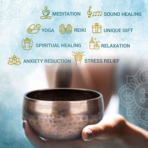 Tibetan Singing Bowl Set - Easy To Play - Creates Beautiful Sound For Holistic Healing, Stress Relief, Meditation & Relaxation - Simplicity - Brown Glossy Bowl With Black Pillow - Yoga Singing Bowls #TOP5