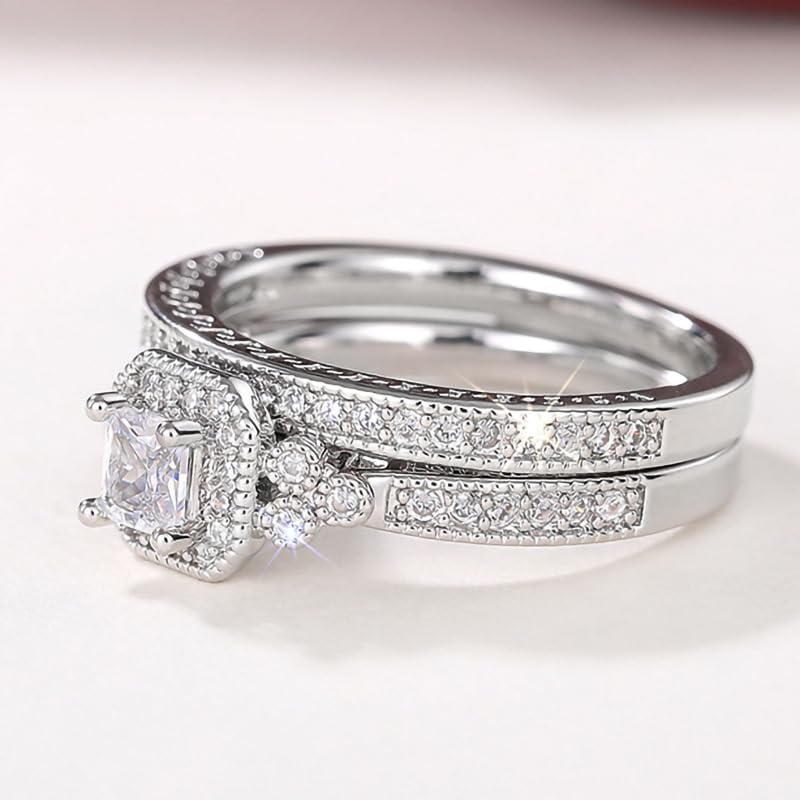 2PCS 925 Plated Silver Bridal Rings Sets Square Cut Cubic Zirconia Halo CZ Engagements Rings Wedding Bands for Women Promise Rings for her Size 7# - Image 4