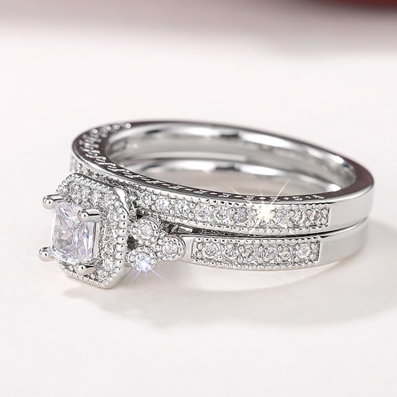 2PCS 925 Plated Silver Bridal Rings Sets Square Cut Cubic Zirconia Halo CZ Engagements Rings Wedding Bands for Women Promise Rings for her Size 8#4