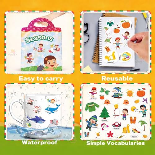 Image of Wishkey Reusable Jelly Sticker Book for Kids 46 Pcs Seasons Theme Waterproof Double-Sided Activity Book Educational Learning Toy with Spring Summer Winter Autumn Scenes Travel Friendly 2+ Years