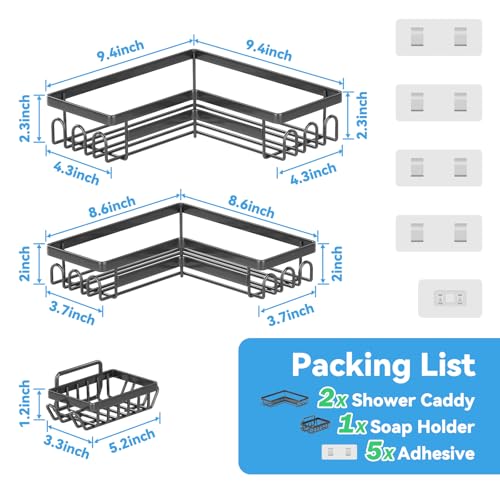 rigors estante de ducha sin taladrar, estante de ducha de 3 piezas esquinero con ganchos, estante de ducha de acero inoxidable cesta de, organizador de baño autoadhesivo para baño y cocina negro - imagen 6