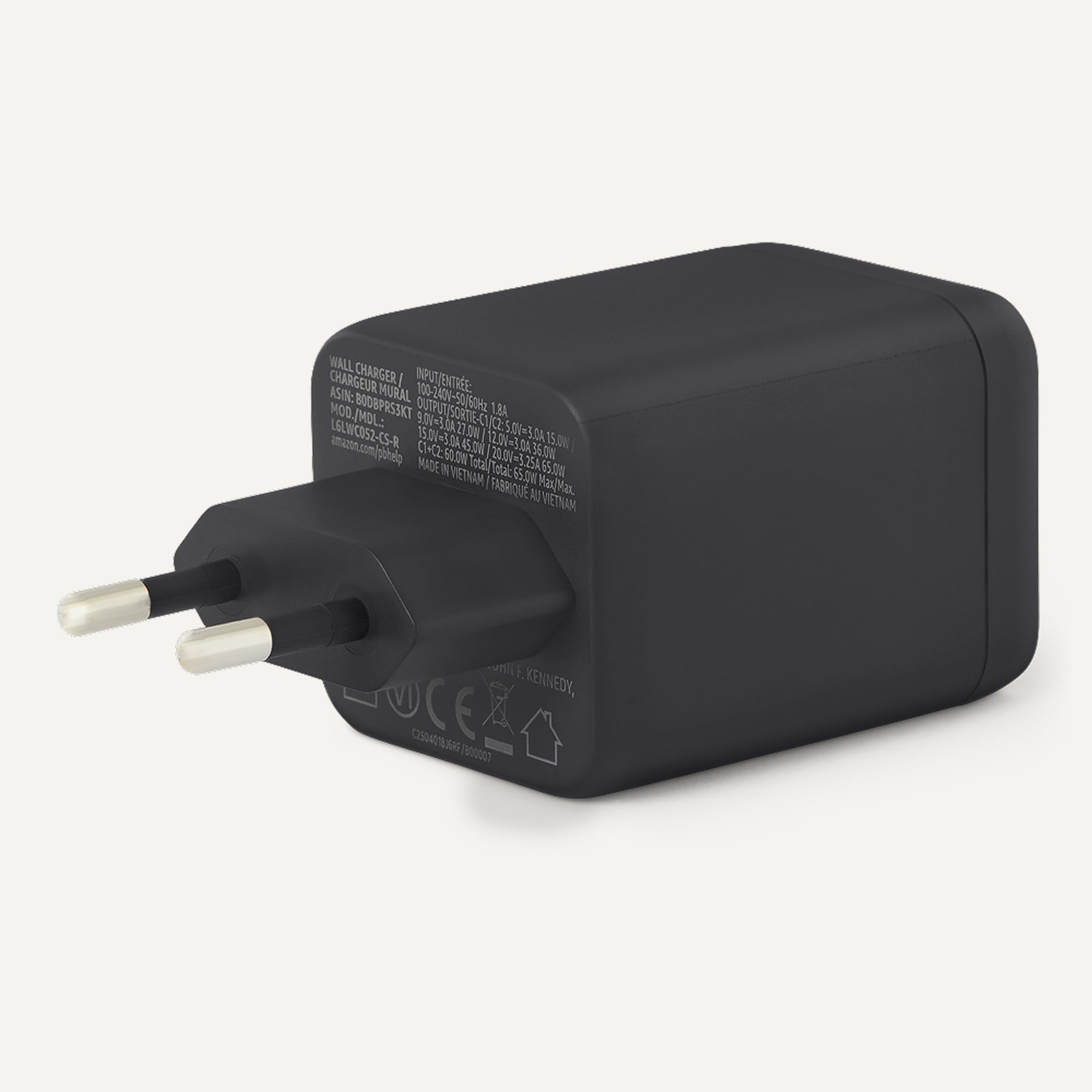 Amazon Basics Caricabatterie da Parete Nano GaN USB-C con Ricarica Rapida, 65W a 2 Porte per Laptop, Tablet e Smartphone, Nero
