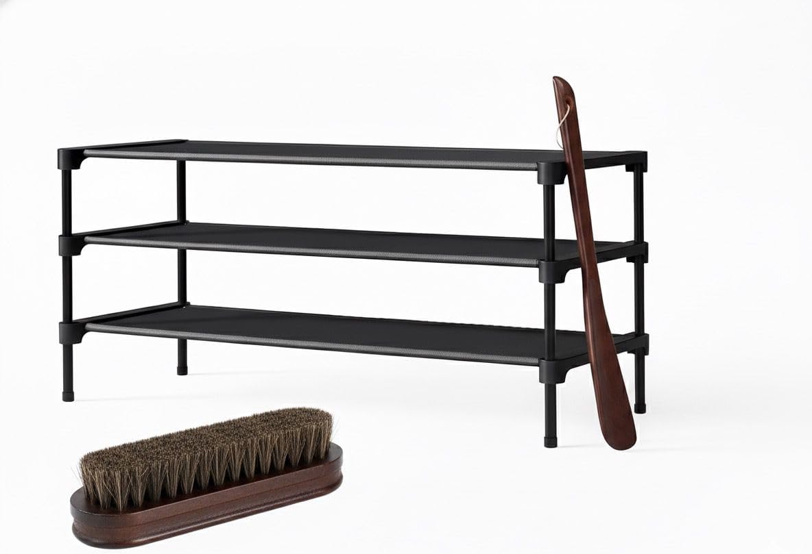 Shoe Rack Organizer 3-Tier – Stackable Black Metal Shoe Shelf for Closet, Entryway & Garage, Durable 3 Layer Shoe Storage Stand with Cleaning Brush & Shoe Horn Included