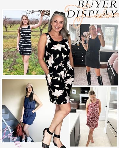 Image of AUSELILY Womens Summer Dress Casual Sleeveless Drawstring Short Dresses | Adjustable drawstring waist for a custom fit, plus 2 side pockets-perfect beach-to-street sundress