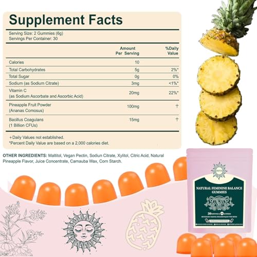 Premium Feminine Balance Gummies - for Women’s Health & Wellness - Immune Support - Vegan, Gluten-Free - Hawaiian Pineapple - 60 Gummies - 30 Servings - Image 3