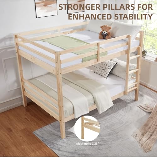 Image of Full Over Full Bunk Bed with Ladder, Solid Wood Bunk Bed with High Guardrail and Ladder for Kids, Teens, Dorm Rooms, and Guest Rooms, No Box Spring Needed, Wood