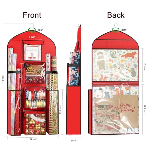 Woodoulogy Hanging Gift Wrapping Paper Storage, 48x24 (Extra Large) Red Double-Sided Christmas Wrapper Bag Container, Oxford Long Craft Roll Organizer, Present Wrap Holder for Closet, Door