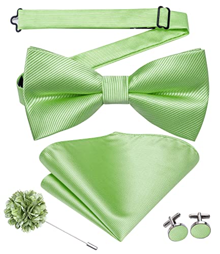 Image of Hi-Tie Bow Ties for Men Baby Green Striped Handkerchief Lapel Pin Cufflinks Mens Bowtie Sets for Wedding Formal Party