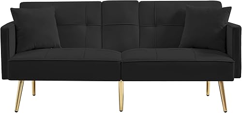 Miniatura 6 de Sofá cama biplaza de terciopelo con 2 bolsillos, sofá cama convertible tapizado con respaldo ajustable múltiple, sofá futón con patas de metal
