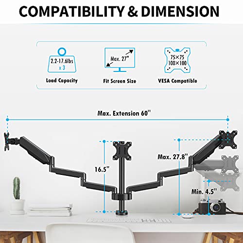 Image of MOUNTUP Triple Monitor Stand - 3 Monitor Desk Mount for Computer Screens Up to 27 inch, 2560 x 1440 Resolution, Black, LCD, Monitor Stand
