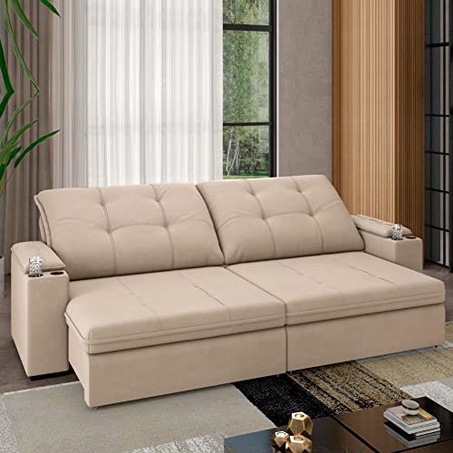 Sofá 4 Lugares com Porta Copos Retrátil e Reclinável França Luizzi 2,30m Suede Capuccino