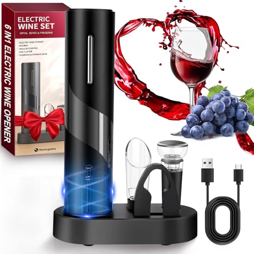 Hotec Korkenzieher Elektrisch, Weinflaschenöffner Set, Automatischer Flaschenöffner, Geschenkidee Weinflaschenöffner, Korkenzieher Wein mit Kapselschneider, USB-Kabel, Ausgießer, Vakuumstopfen