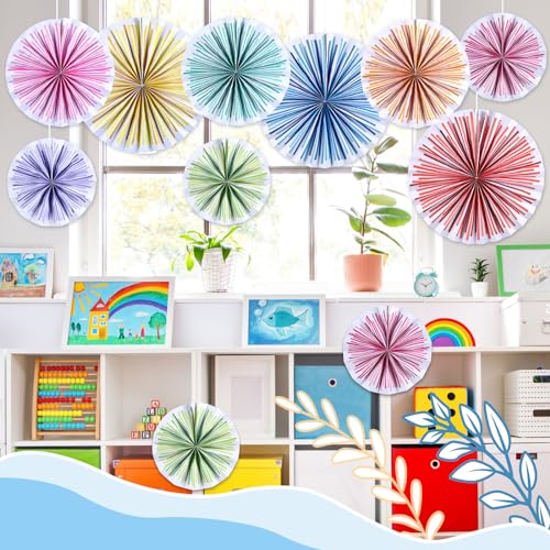 Image of 18 Pcs Colorful Hanging Paper Fans Decor Back to School Paper Fans Round Garlands Bulletin Board Classroom Decorations for Party Supplies Classroom Decor