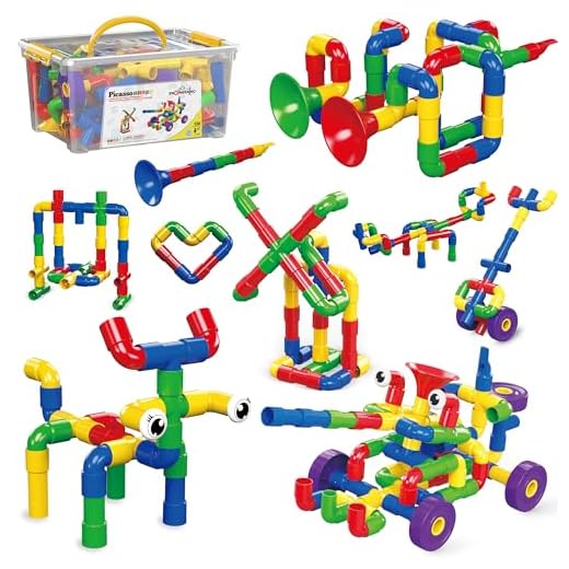 PicassoTiles PTT136 136pcs Tubular Pipes & Spout STEAM Interlocking Educational Building Block Set, Tube Locks, Pipeworks Construction Blocks w/Storage Container Box, Idea Book, Flute Musical Kit