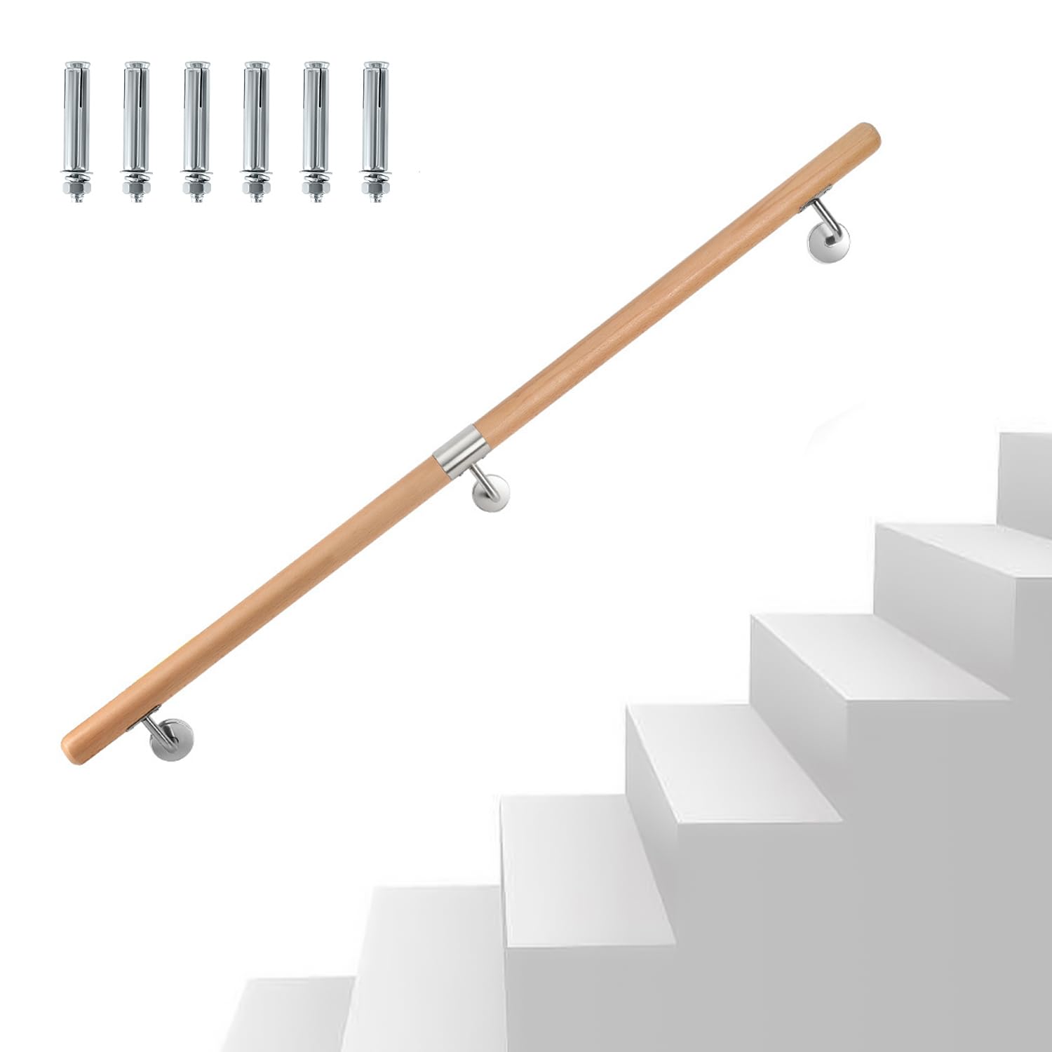 Pasamanos de madera de haya, 150 cm, pasamanos de pared, escaleras con soporte de pared y tapas finales, pasamanos de madera antideslizante, barandilla para escaleras, balcón, redondo, 42 mm