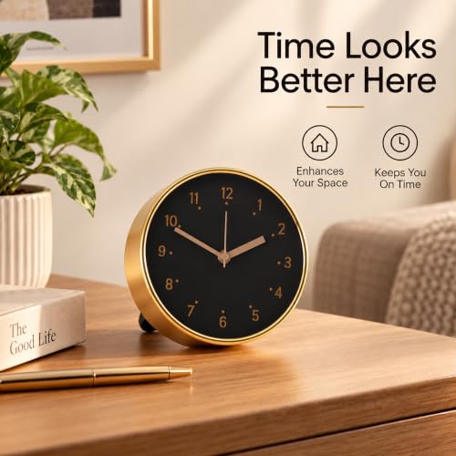 Image of Kuber Industries 6.25 Inch Analog Table Clock with Glass Cover | Silent Non Ticking Battery Operated Desktop for Bedroom, Office, Study Desk | Golden Black