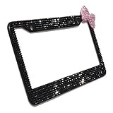 Carfond 7 Row Pure Handmade Waterproof Bling Bling Rhinestones Aluminium Metal License Plate Frame with 2 Holes Bonus Matching Screws & Caps (black/pink bowknot)