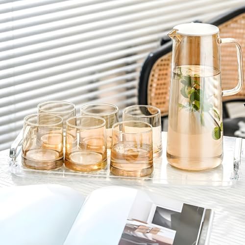 Image of bellemax Italian Premium Water and Juice Glasses Set of 6 and Brown Jug Set Combo,(6 Pieces Glasses 200ML and 1 Water Juice Jug 1.8 Liter) Glass and JugS Set for Dining Table (Modern)