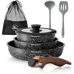 Cazuelas De Marmol Kitchen Academy Juego de Ollas de 8 piezas, con Tapa de Cristal, Revestimiento de Mármol, Antiadherente, Apta para Inducción, Mango de Cristal de Grano, color Negro