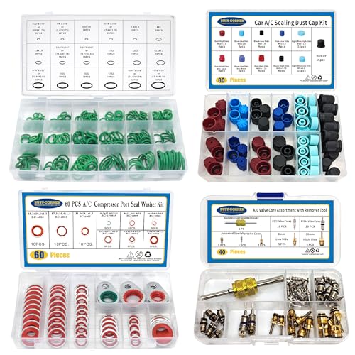 4 Set Car A/C Compressor Gasket Seals and Dust Cap, O-Ring Kit, Valve Core Kit with Remover Tool, R12 R134a Refrigeration Tire Valve Stem Cores, Car Air Conditioning Compressor Seals O-Ring (Red)