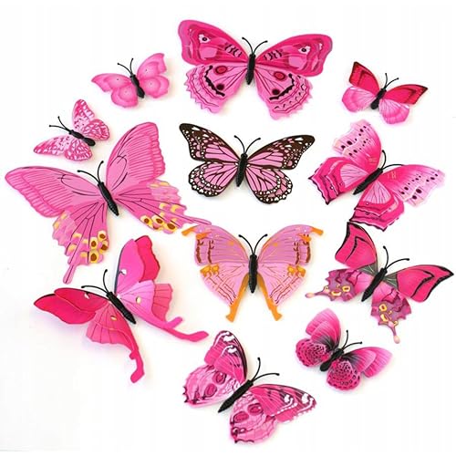 Art Street 3D Magnetic Butterfly Stickers for Wall & Refrigerator, Multi Size Butterfly Decoration Items, Wall Decor Butterflies Comes with Magnet and Gumming Cubes for Hanging(Pink, Set of 12)