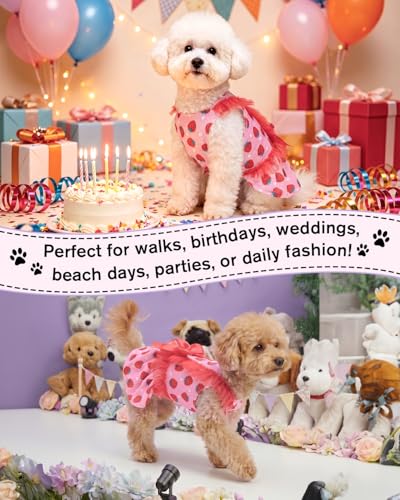Image of CuteBone Pink Strawberry Pet Dress for Small Dogs, Cats - Ruffled Sleeves - Red Satin Bow - Sweet Daily, Playdate Dress