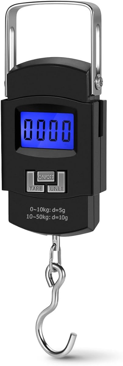 Báscula digital para peces Flexzion y báscula de peso para equipaje con gancho, 110 lb/50 kg | Báscula colgante portátil para viajes y pesca con pantalla LCD retroiluminada
