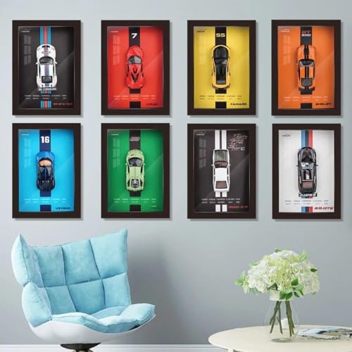 Image of Worshiper 3D Car Frame Wall Art Wooden Hanging Painting Frame with Removable Die-Cast Cars, Lights & Sounds Pull-Back Action & Opening Doors Collectible Display for Car Decoration (1:32 Ford Mustang Shelby)