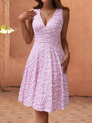 Image of OURIN Women's Spring Deep V Neck Sleeveless Floral Sundresses with Pockets Flowy Summer Dresses for Women