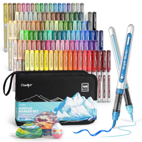 Image of JusArt Acrylic Paint Markers Brush Tip, 108 Basic & Metallic Colors
