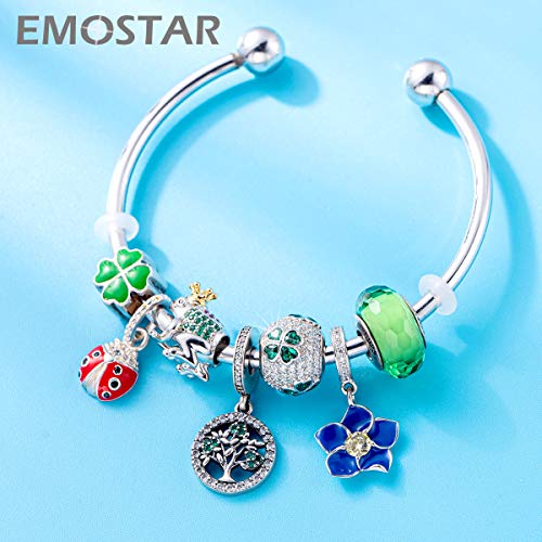 EMOSTAR Sparkling Dog Puppy Paw Print Charms, Four-Leaf Clover, and Green Leaves Charms fits Women Bracelet - Pave Clear Cubic Zirconia Beads in 925 Sterling Silver, Gifts for Christmas/Mom/Pet Lover4
