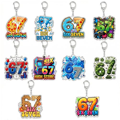 TheClover 67 Meme Keychain 10 Pack - I Was 6 Now Im 7 Acrylic Keychains Six to Seven Birthday Gifts Age 7 Celebration Gifts for Backpacks Goody Bags Charm Accessories 67 Keychain