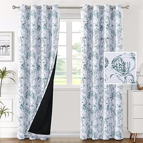 H.VERSAILTEX 100% Blackout Curtains for Living Room Camellia Floral Blackout Curtains 84 Inches Long Light Blocking Window Treatment Curtains with Black Liner Grommet Thermal Drapes, 2 Panels, Teal